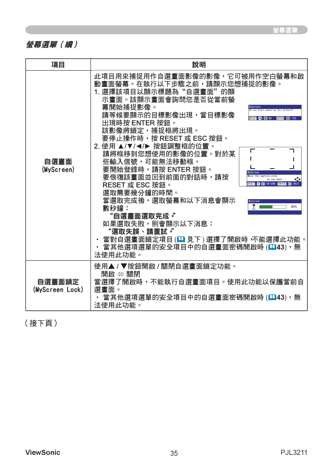 ViewSonic VS12417 manual 此項目用來捕捉用作自選畫面影像的影像，它可被用作空白螢幕和啟, 請等候要顯示的目標影像出現，當目標影像, 要開始登錄時，請按 Enter 按鈕。, 要恢復該畫面並回到前面的對話時，請按 