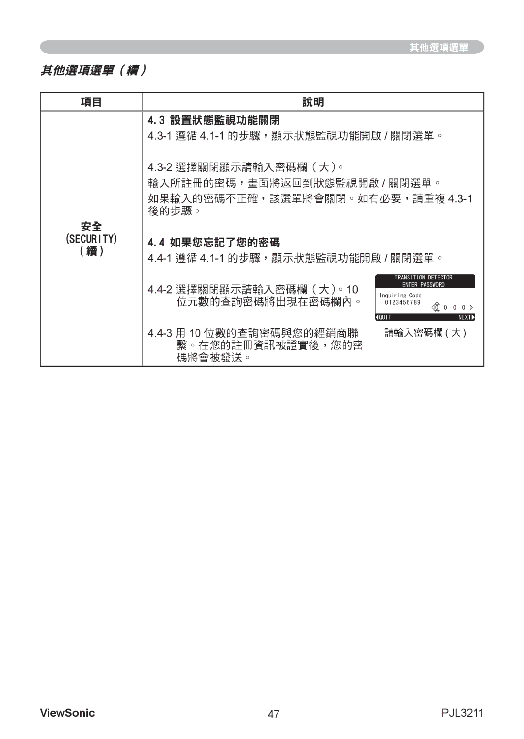 ViewSonic VS12417 manual 2 選擇關閉顯示請輸入密碼欄（大）。, 3 用 10 位數的查詢密碼與您的經銷商聯, 。在您的註冊資訊被證實後，您的密 碼將會被發送。 