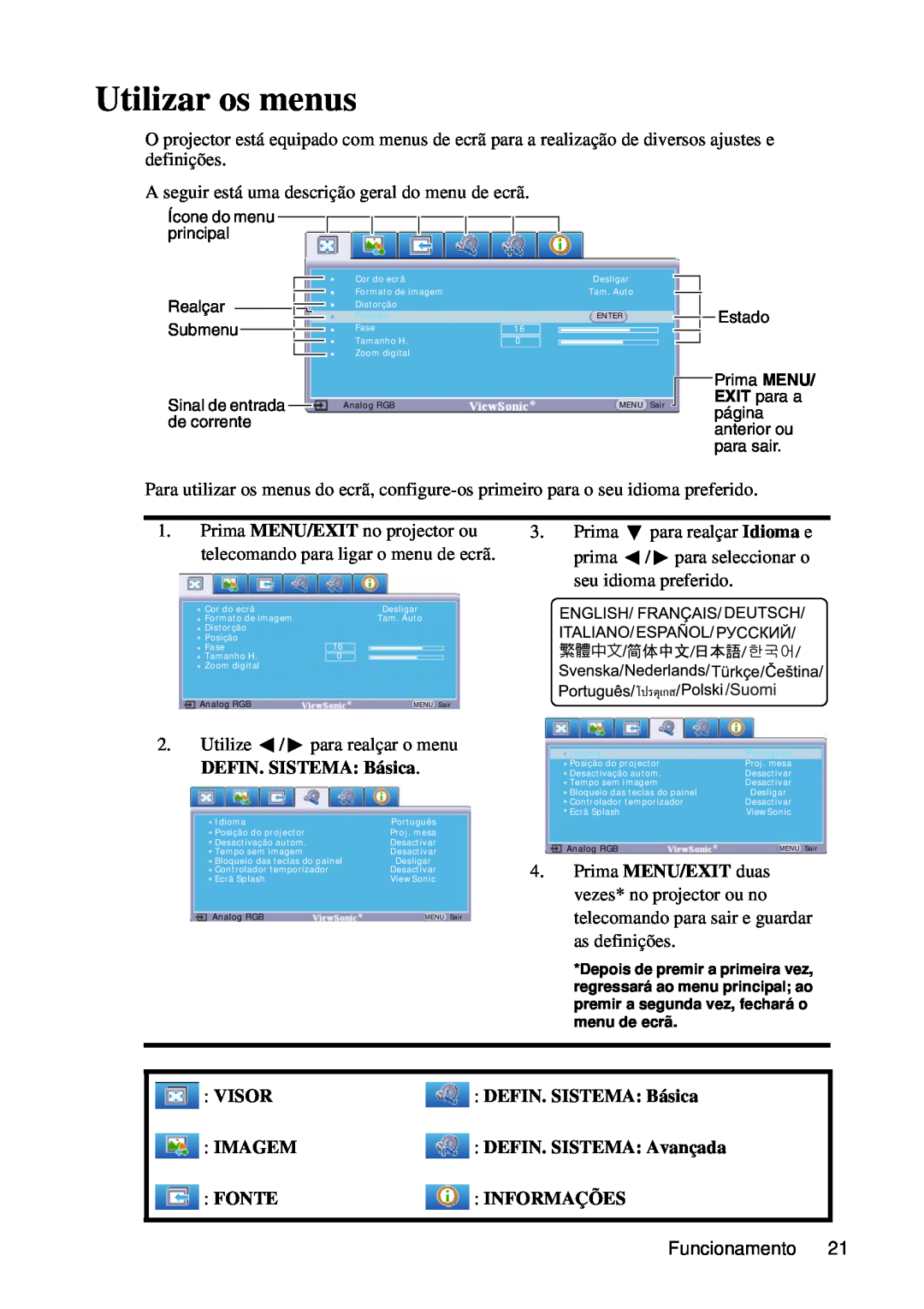 ViewSonic VS12440 Utilizar os menus, Visor, DEFIN. SISTEMA Básica, Imagem, DEFIN. SISTEMA Avançada, Fonte Informações 