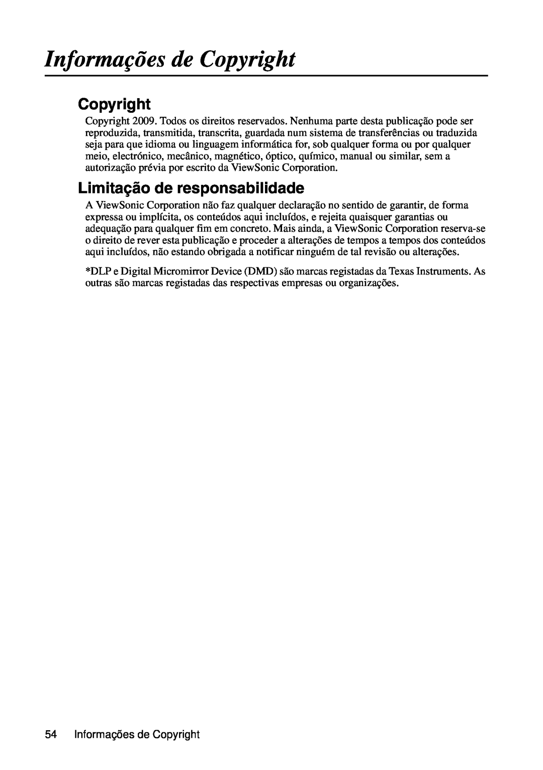 ViewSonic VS12440 manual Informações de Copyright, Limitação de responsabilidade 