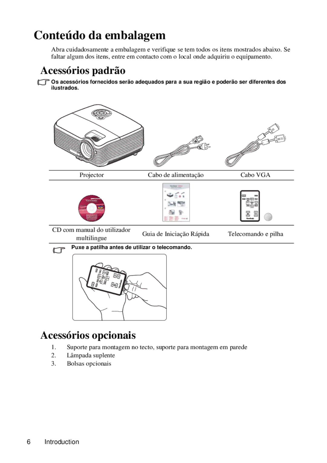 ViewSonic VS12440 manual Conteúdo da embalagem, Acessórios padrão, Acessórios opcionais 