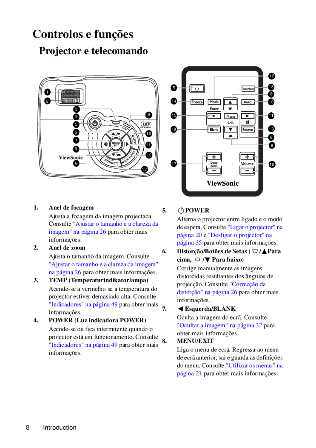 ViewSonic VS12440 manual Controlos e funções, Projector e telecomando 