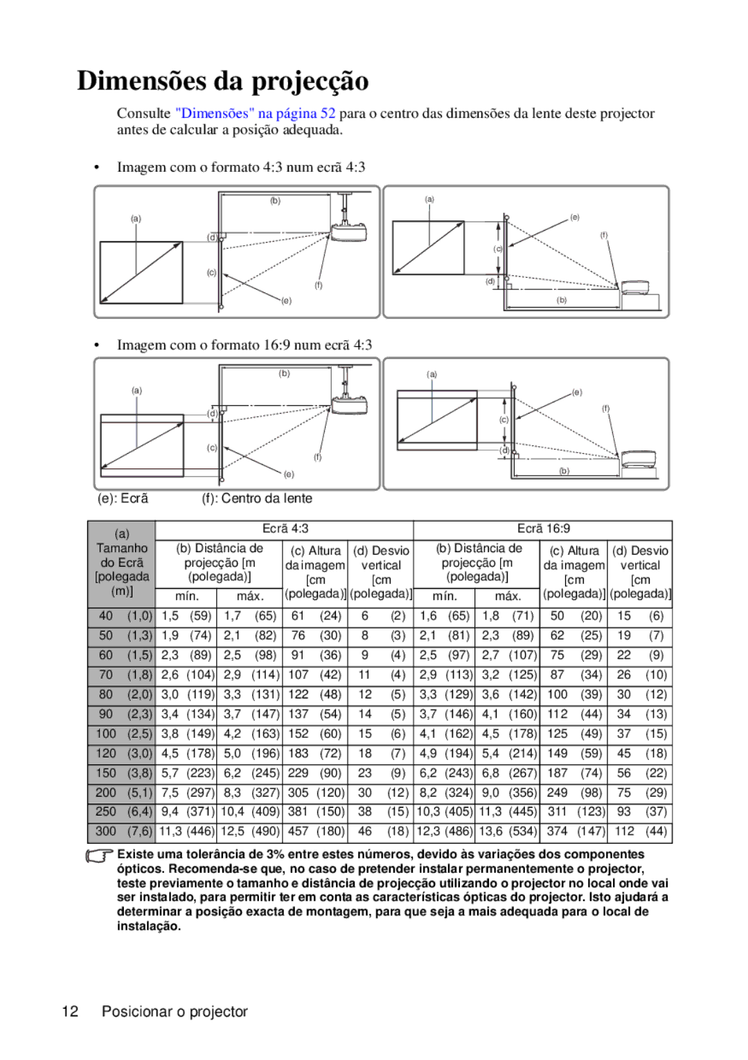 ViewSonic VS12440 manual Dimensões da projecção, Imagem com o formato 169 num ecrã 