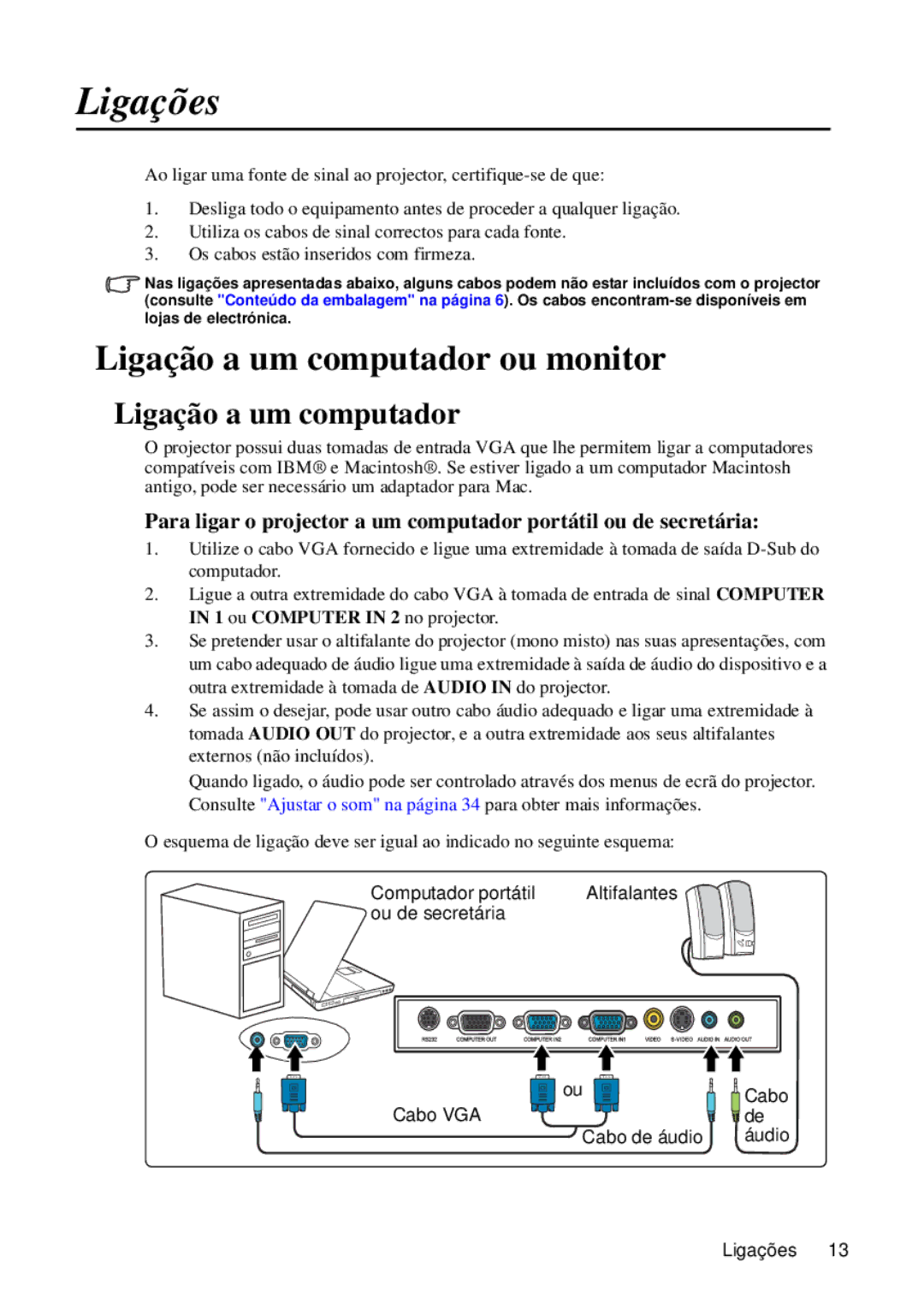 ViewSonic VS12440 manual Ligações, Ligação a um computador ou monitor 