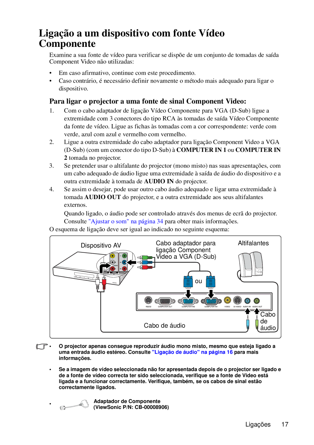 ViewSonic VS12440 manual Ligação a um dispositivo com fonte Vídeo Componente 