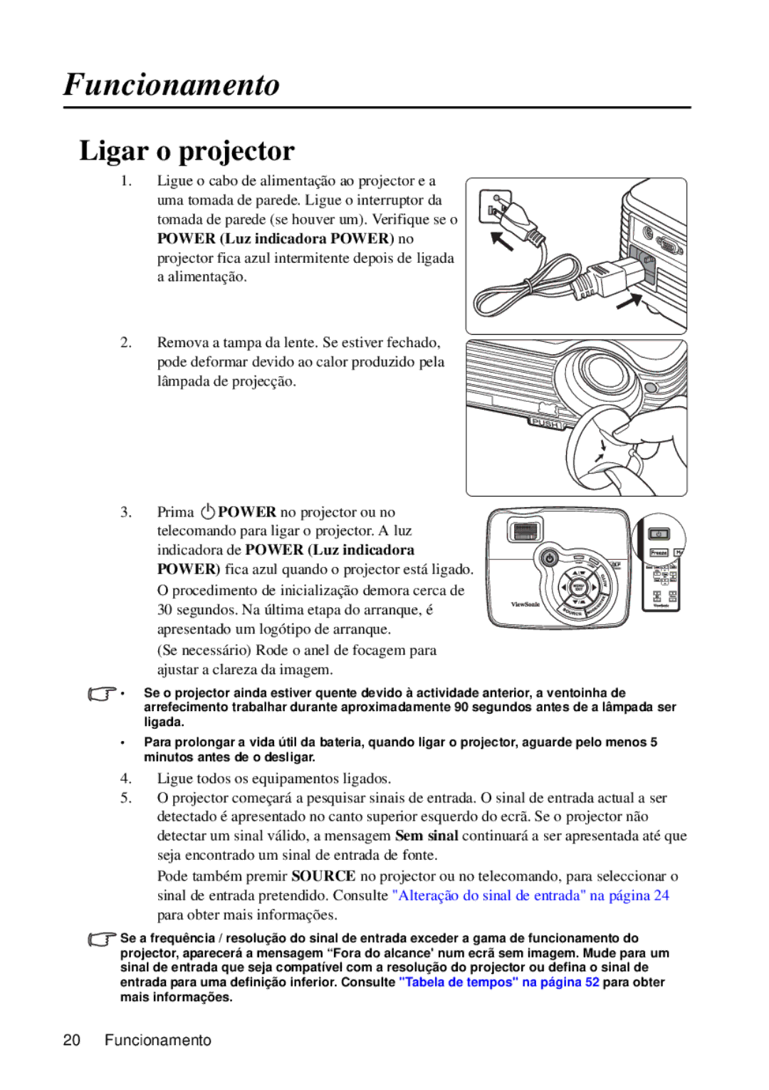 ViewSonic VS12440 manual Funcionamento, Ligar o projector 