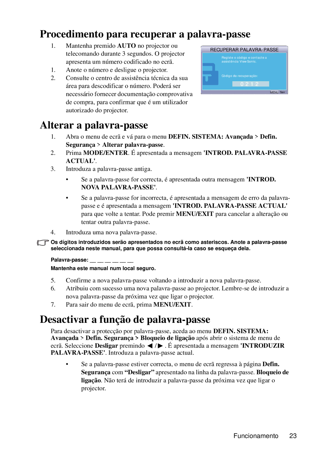 ViewSonic VS12440 manual Procedimento para recuperar a palavra-passe, Alterar a palavra-passe 