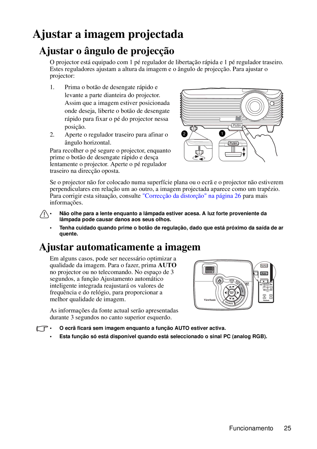 ViewSonic VS12440 manual Ajustar a imagem projectada, Ajustar o ângulo de projecção, Ajustar automaticamente a imagem 