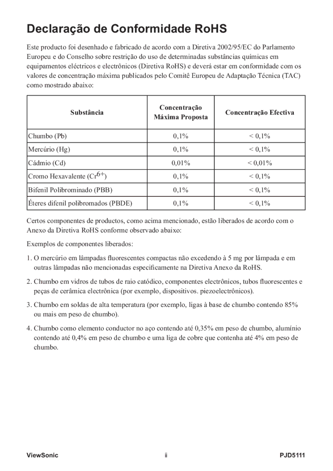 ViewSonic VS12440 manual Declaração de Conformidade RoHS 