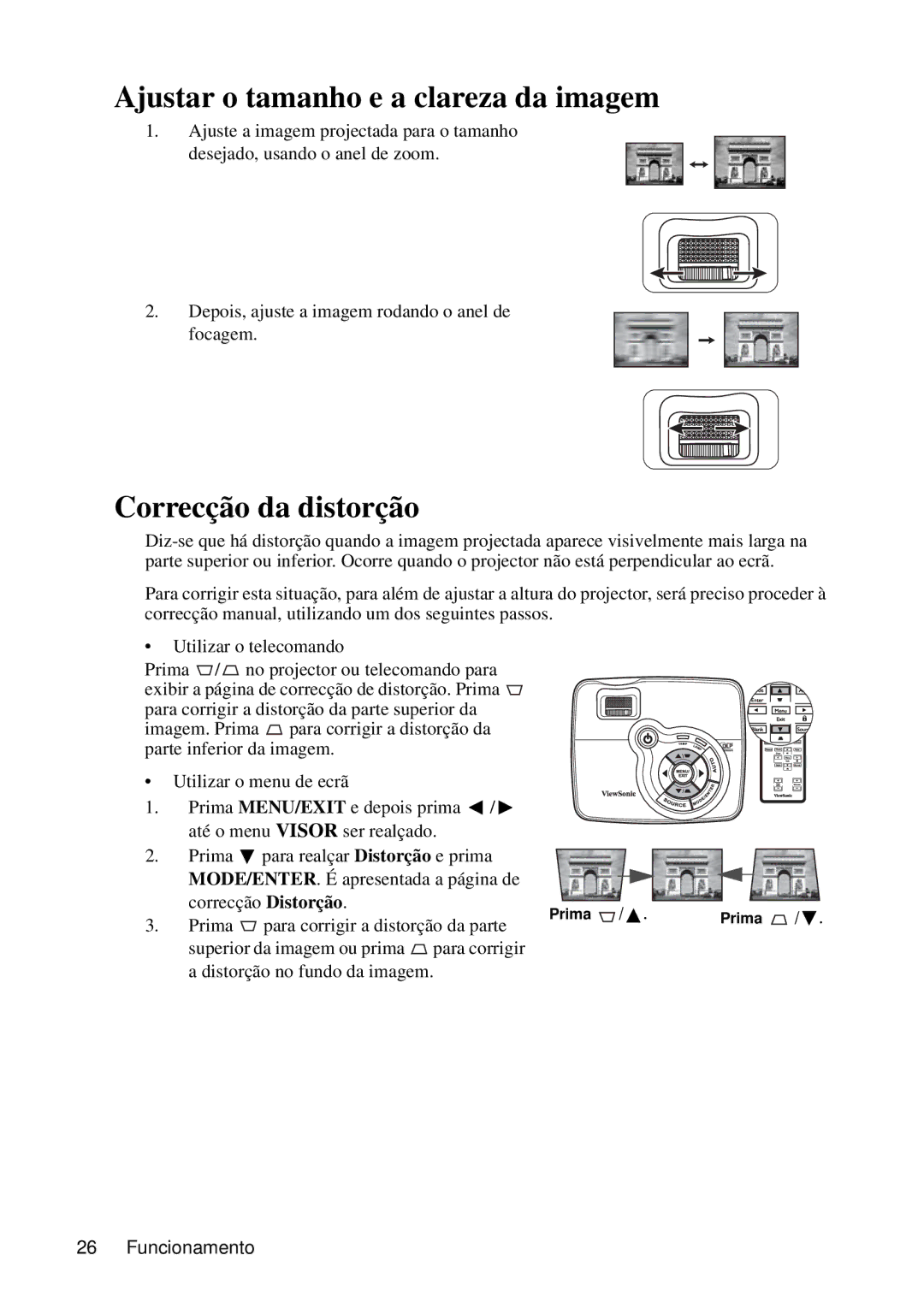 ViewSonic VS12440 manual Ajustar o tamanho e a clareza da imagem, Correcção da distorção 