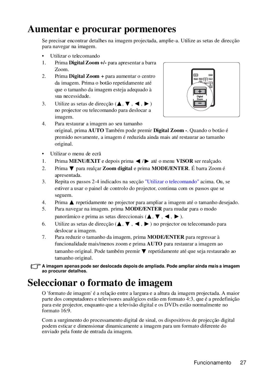 ViewSonic VS12440 manual Aumentar e procurar pormenores, Seleccionar o formato de imagem 