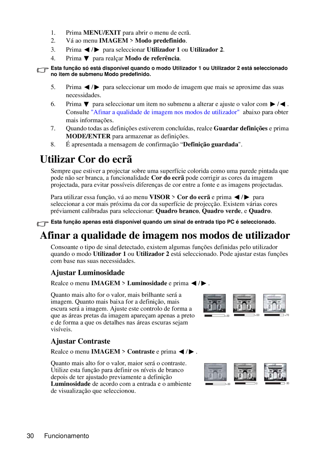 ViewSonic VS12440 manual Utilizar Cor do ecrã, Afinar a qualidade de imagem nos modos de utilizador, Ajustar Luminosidade 