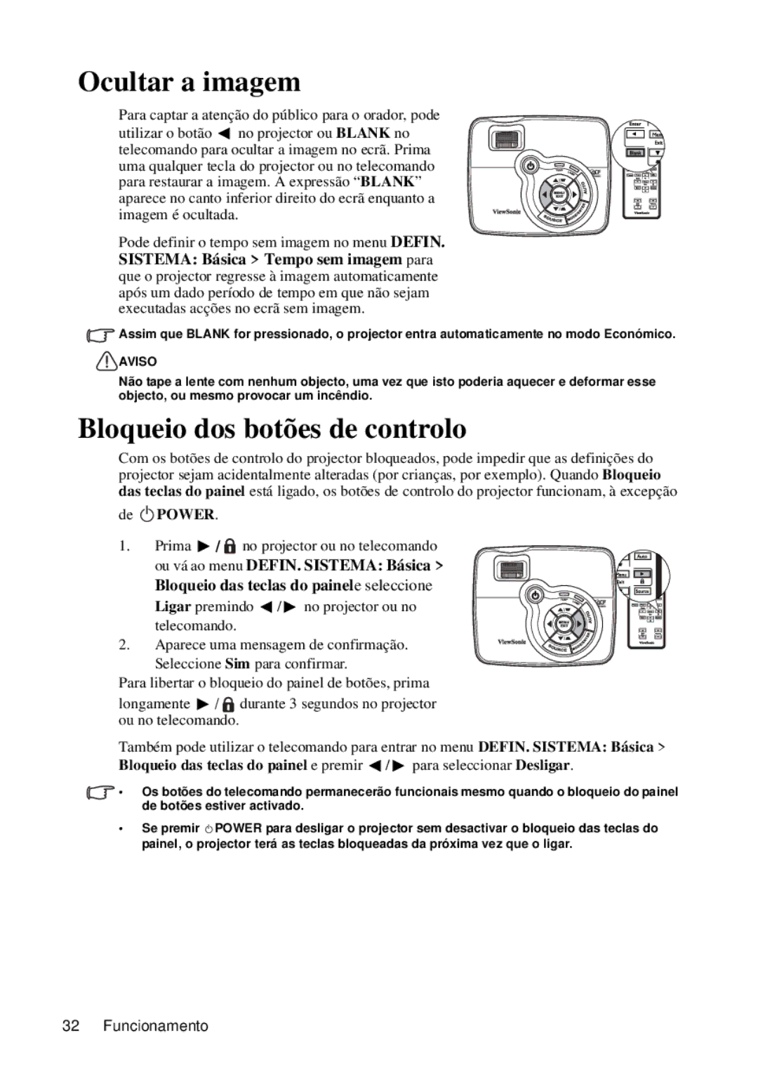 ViewSonic VS12440 manual Ocultar a imagem, Bloqueio dos botões de controlo, De II Power 