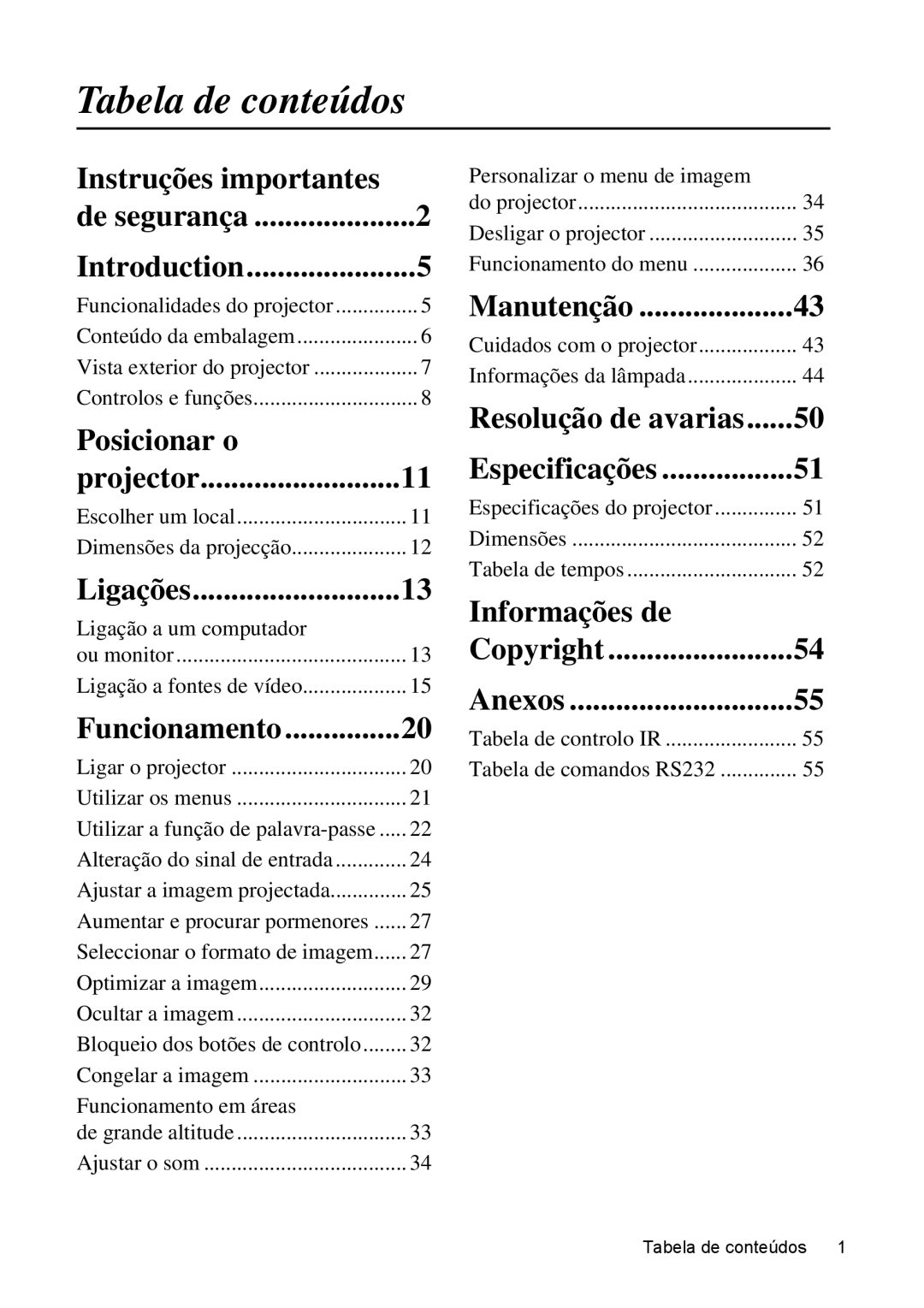 ViewSonic VS12440 manual Tabela de conteúdos, Instruções importantes, Posicionar o, Informações de 