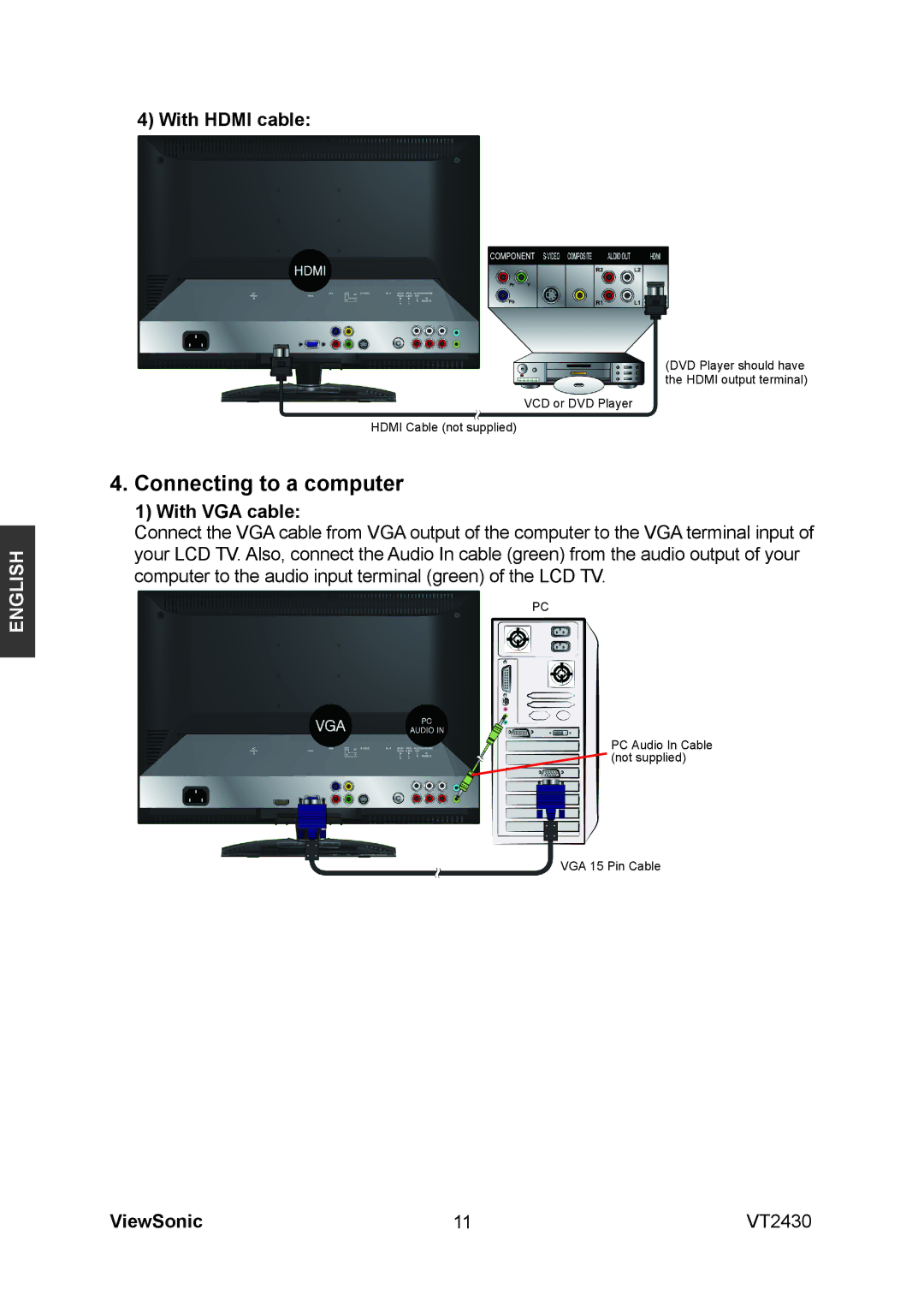 ViewSonic VS12464-1G manual Connecting to a computer, With VGA cable 