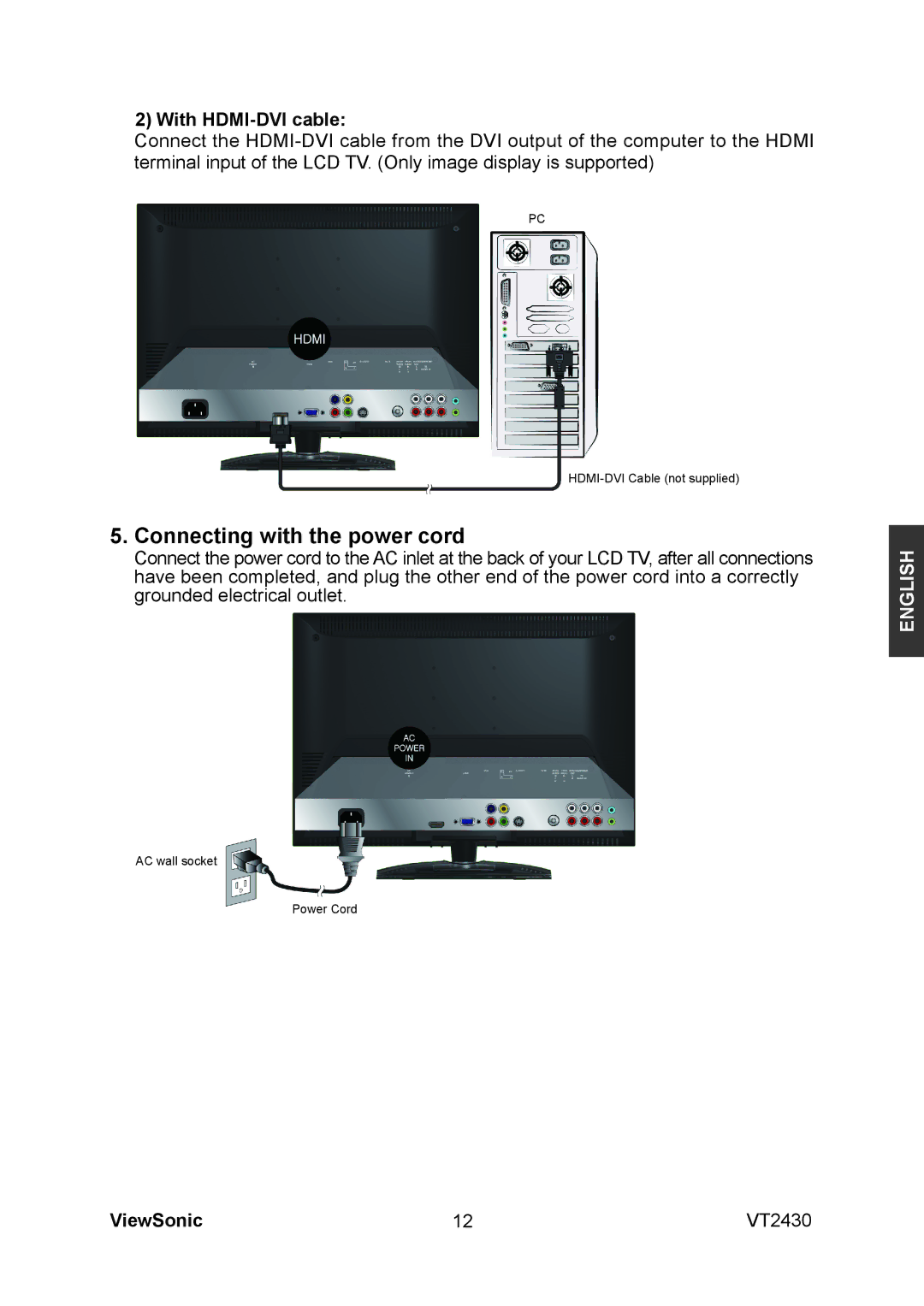 ViewSonic VS12464-1G manual Connecting with the power cord, With HDMI-DVI cable 