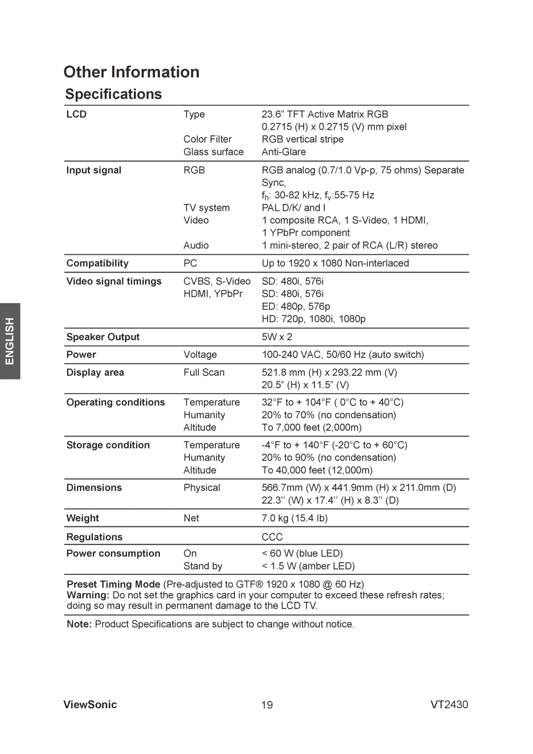 ViewSonic VS12464-1G Input signal, Compatibility, Video signal timings, Speaker Output, Power, Display area, Dimensions 