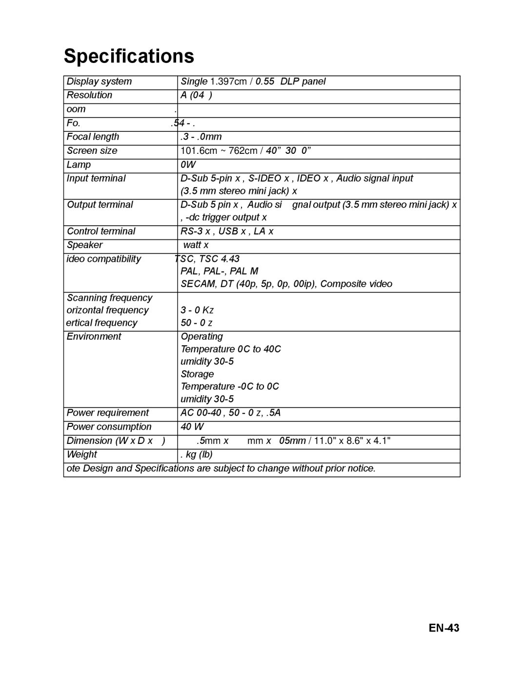 ViewSonic VS12472 warranty Specifications, EN-43 