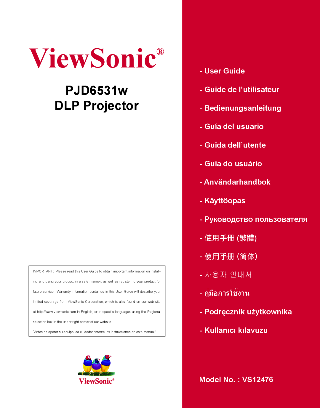ViewSonic VS12476 warranty PJD6531w DLP Projector, ViewSonic, User Guide Guide de l’utilisateur Bedienungsanleitung 