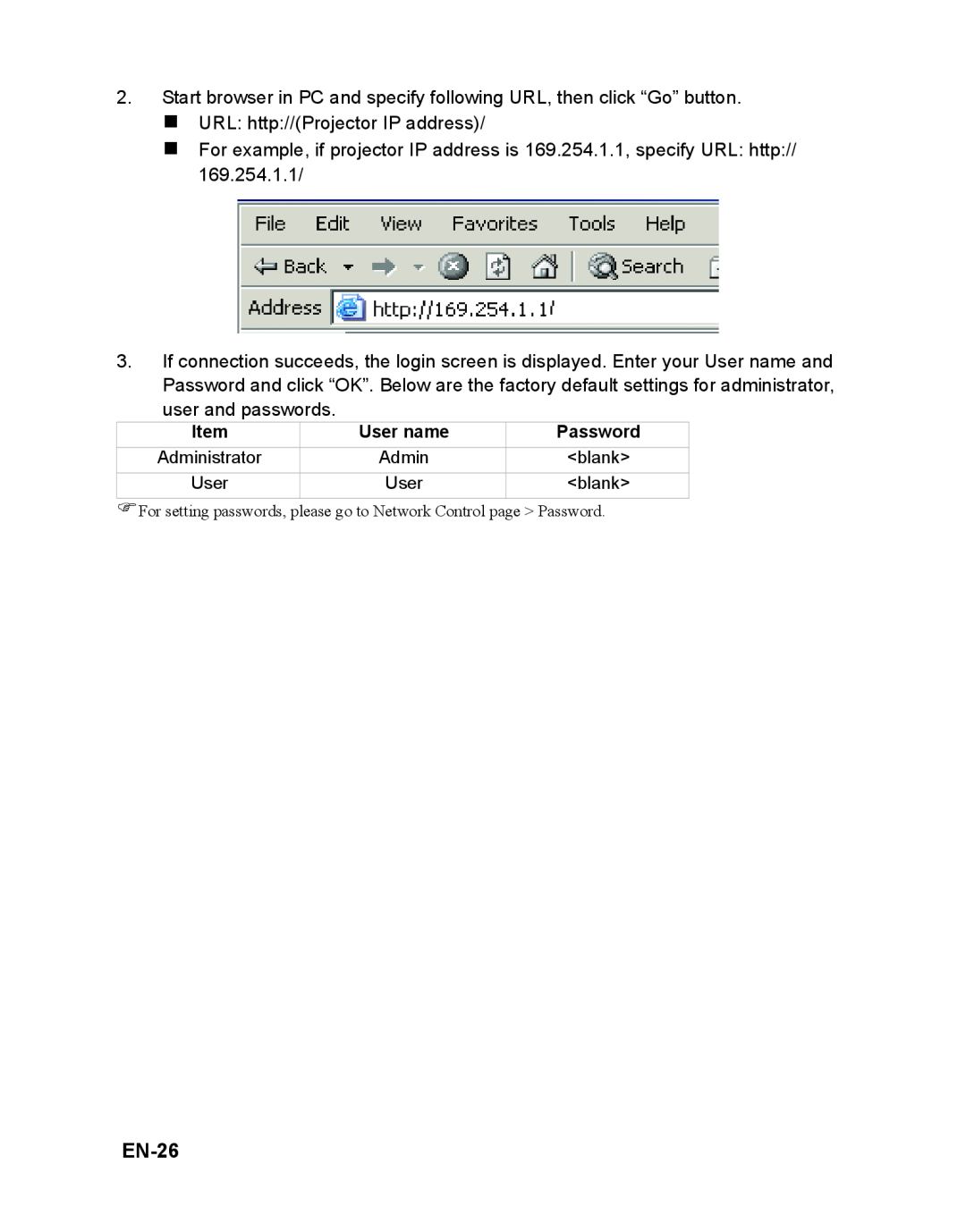 ViewSonic VS12476 warranty EN-26, „ URL http//Projector IP address, user and passwords, User name, Password 