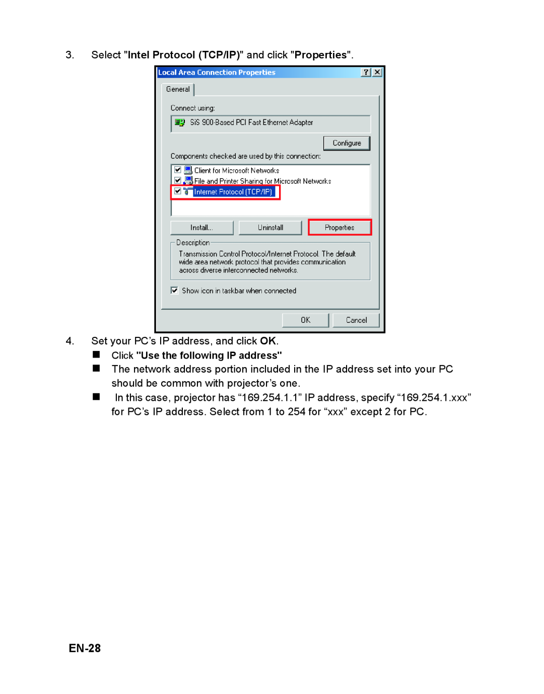 ViewSonic VS12476 warranty EN-28, Select Intel Protocol TCP/IP and click Properties, „ Click Use the following IP address 