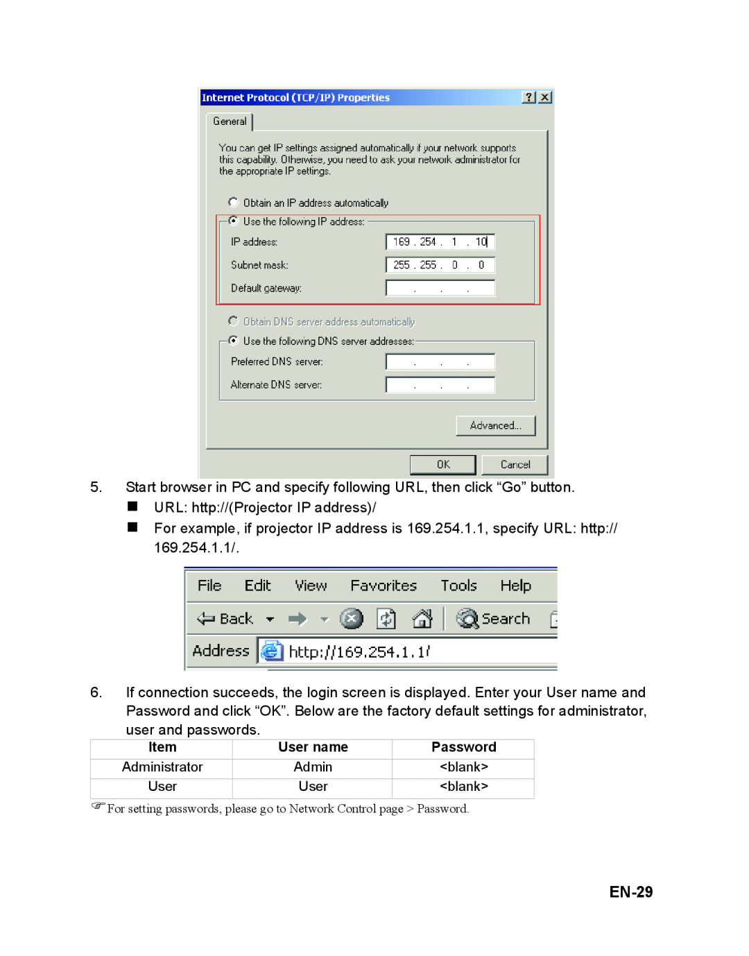 ViewSonic VS12476 warranty EN-29, „ URL http//Projector IP address, user and passwords, User name, Password 