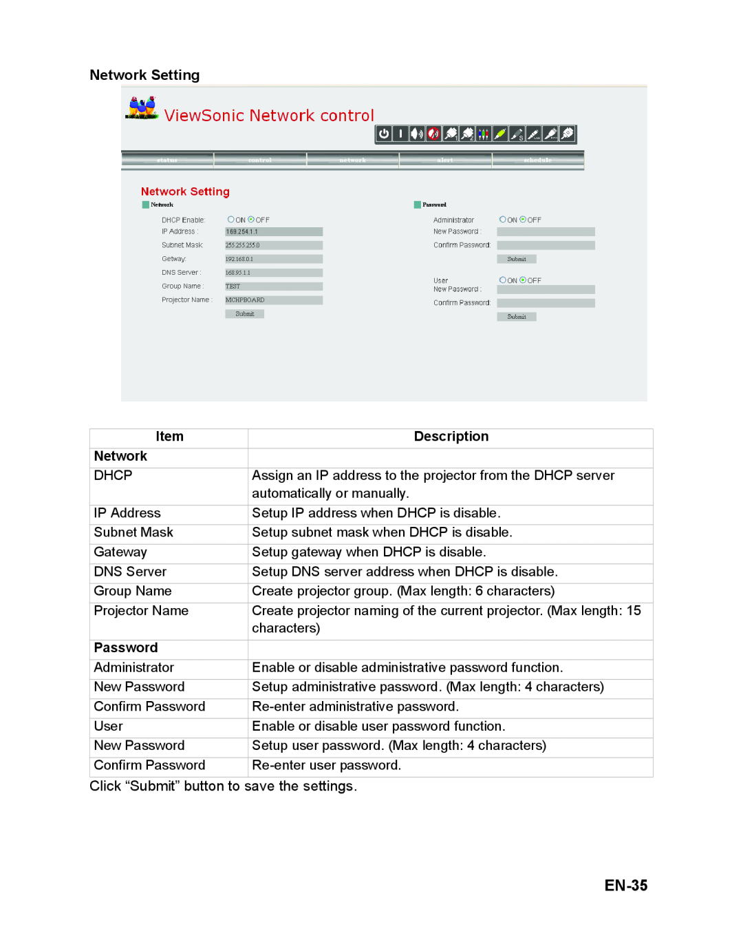 ViewSonic VS12476 warranty EN-35, Network Setting, Description, Password 