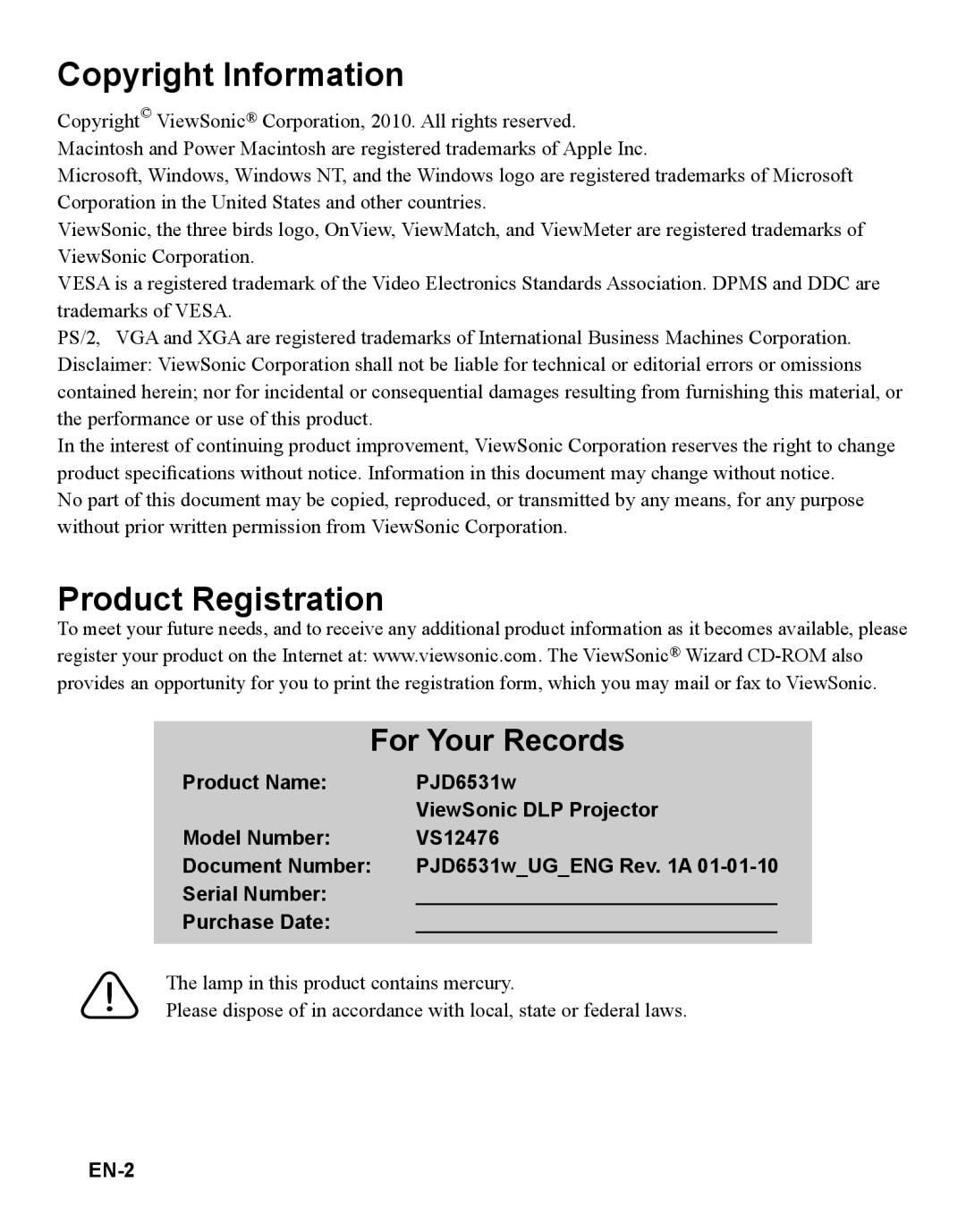ViewSonic VS12476 Copyright Information, Product Registration, For Your Records, Product Name, PJD6531w, Model Number 