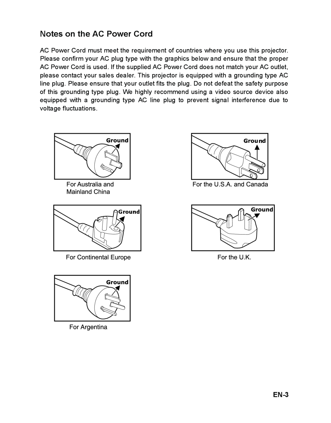 ViewSonic VS12476 warranty Notes on the AC Power Cord, EN-3 