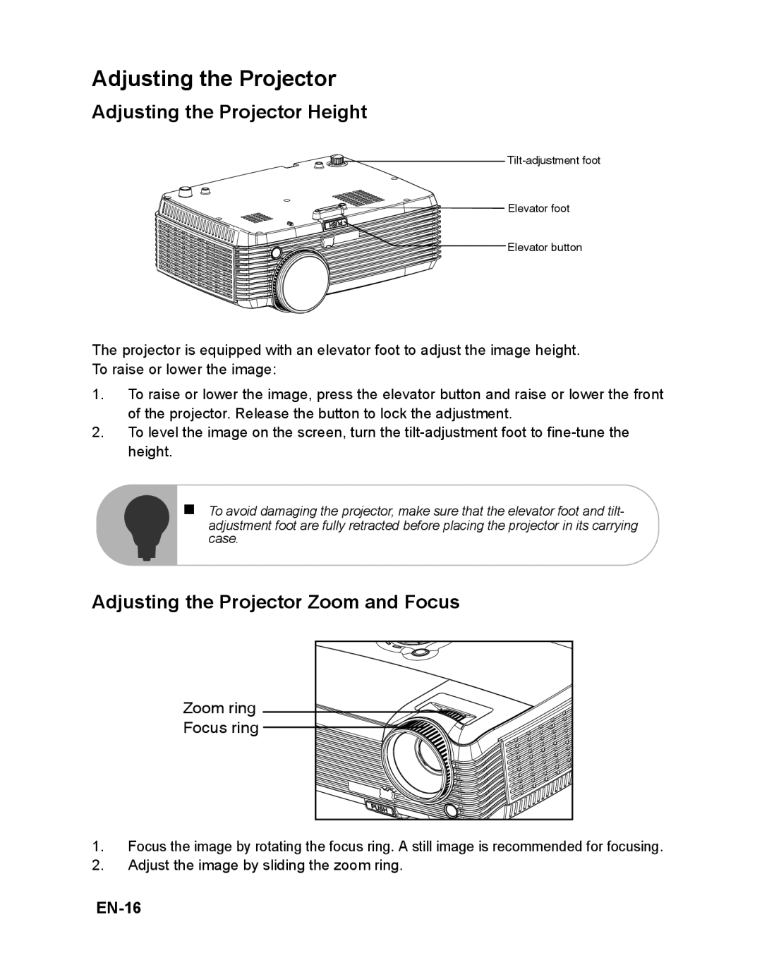 ViewSonic VS12476 warranty Adjusting the Projector Height, Adjusting the Projector Zoom and Focus, EN-16 