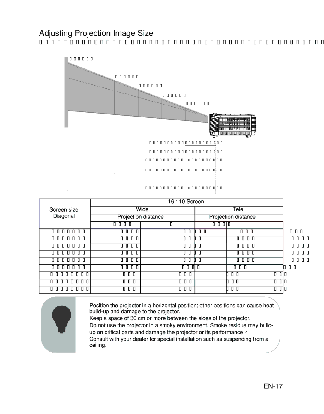 ViewSonic VS12476 warranty Adjusting Projection Image Size, EN-17, 16 10 Screen Screen size, Diagonal 