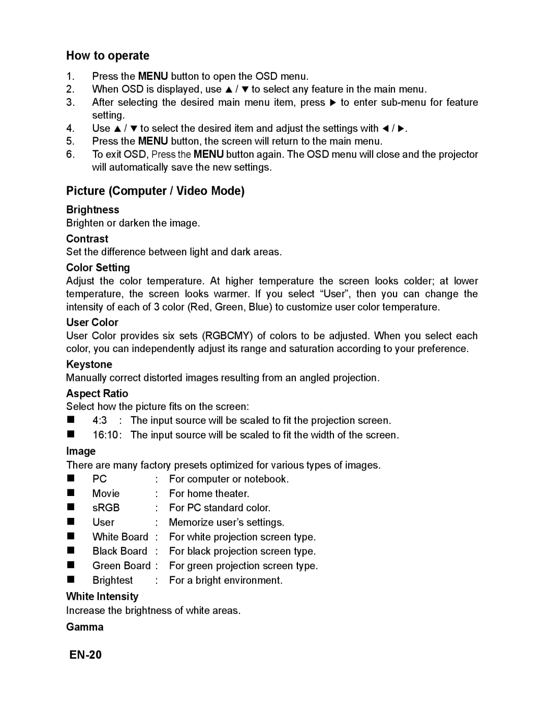 ViewSonic VS12476 warranty How to operate, Picture Computer / Video Mode, EN-20 