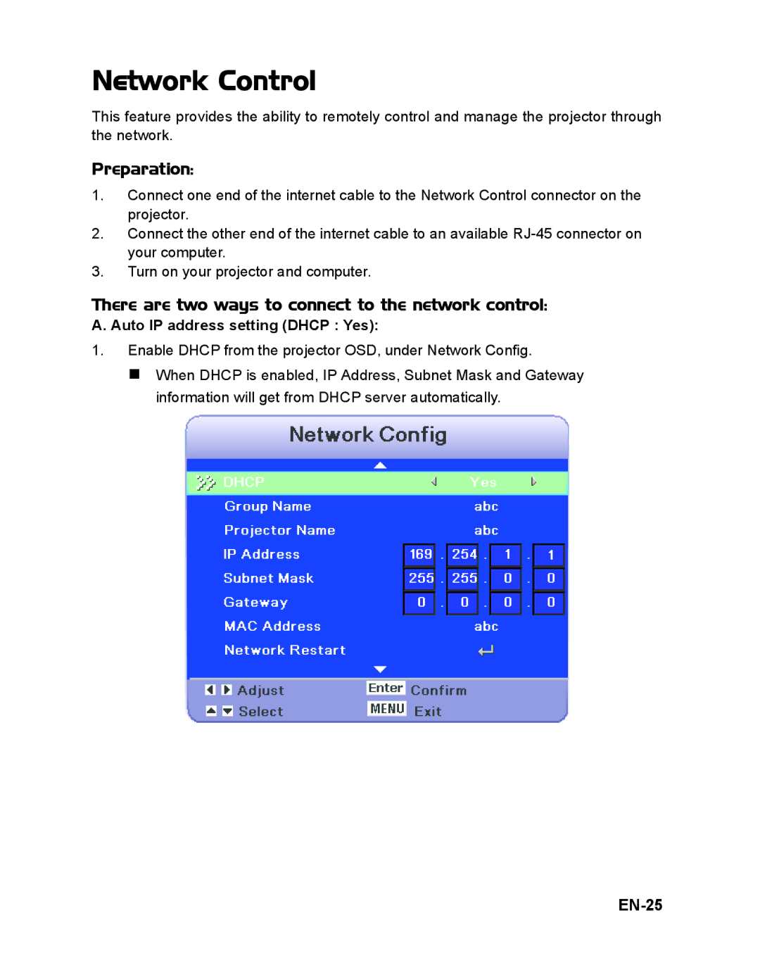 ViewSonic VS12476 warranty Network Control, Preparation, There are two ways to connect to the network control, EN-25 