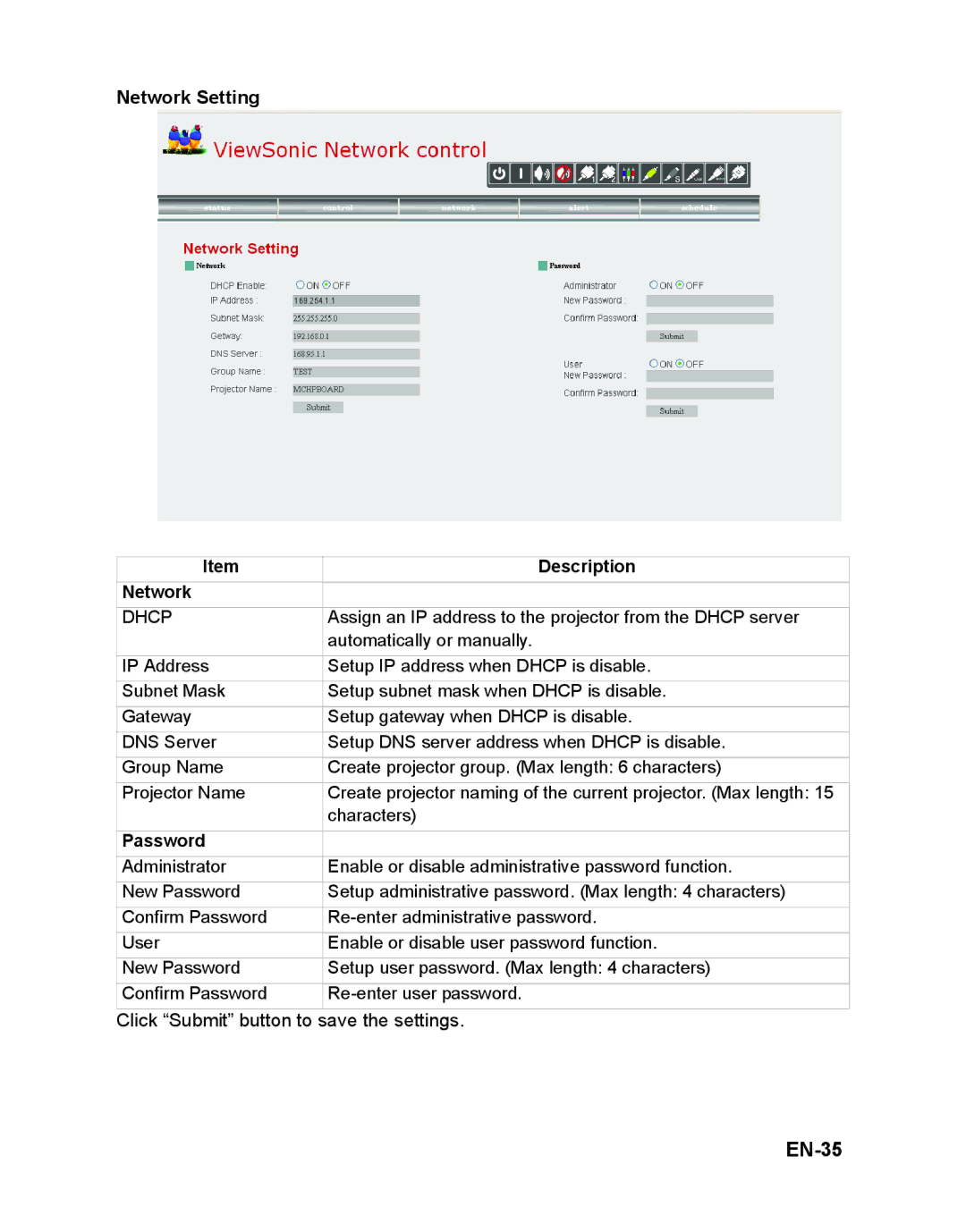 ViewSonic VS12476 warranty EN-35, Network Setting 