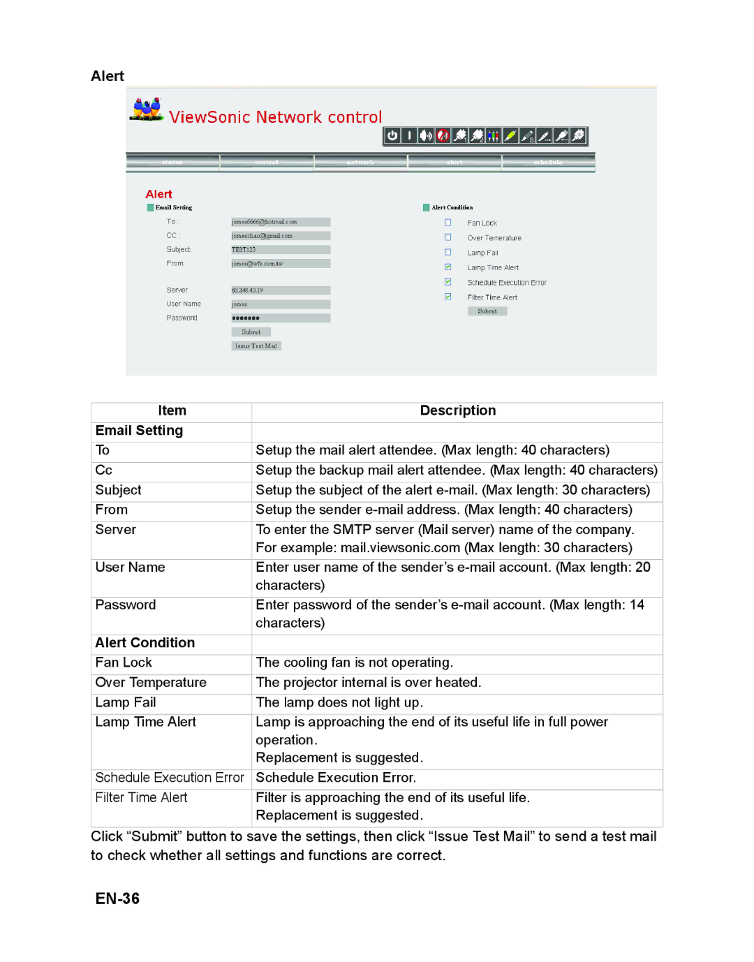 ViewSonic VS12476 warranty EN-36, Email Setting, Alert Condition 