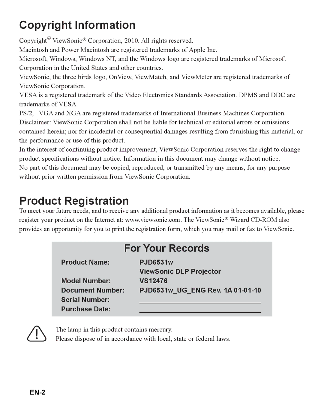 ViewSonic VS12476 warranty Serial Number Purchase Date, EN-2, PJD6531wUGENG Rev a 