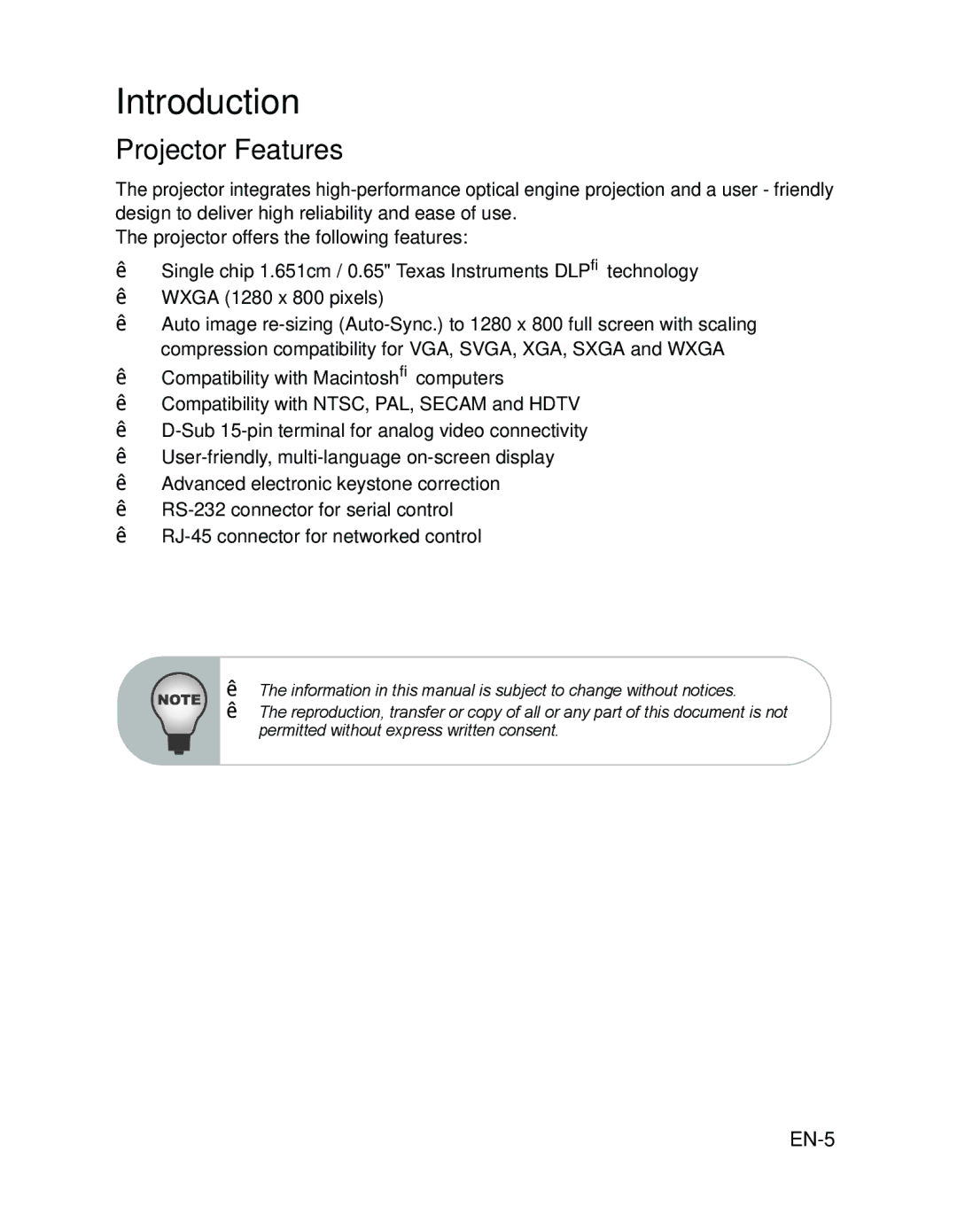 ViewSonic VS12476 warranty Introduction, Projector Features, EN-5 