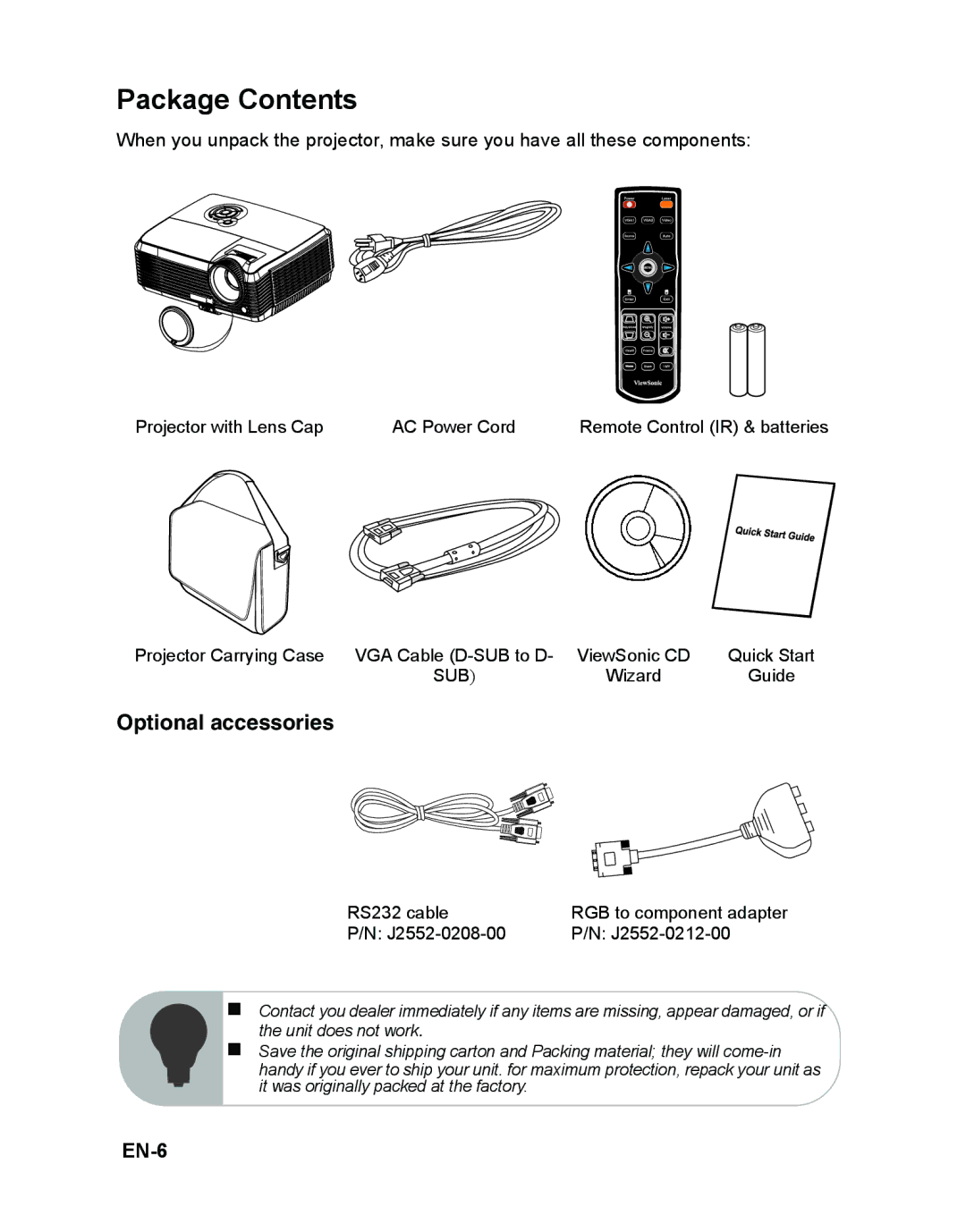 ViewSonic VS12476 warranty Package Contents 