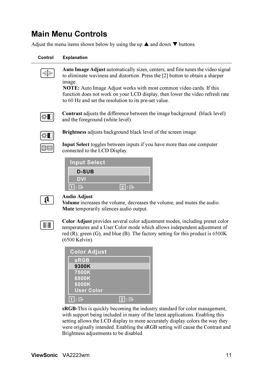 ViewSonic VS12506 warranty Main Menu Controls, Audio Adjust 