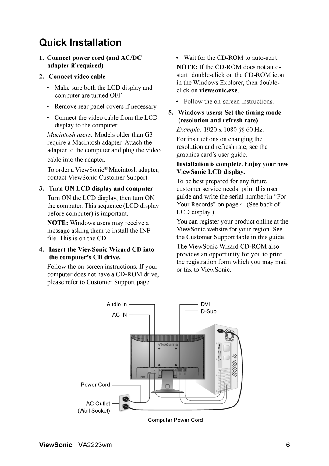 ViewSonic VS12506 warranty Quick Installation, Turn on LCD display and computer 