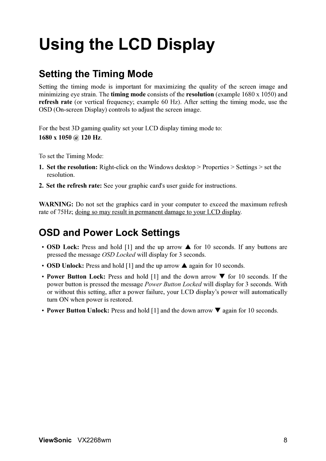 ViewSonic VS12538 warranty Setting the Timing Mode, OSD and Power Lock Settings, 1680 x 1050 @ 120 Hz 