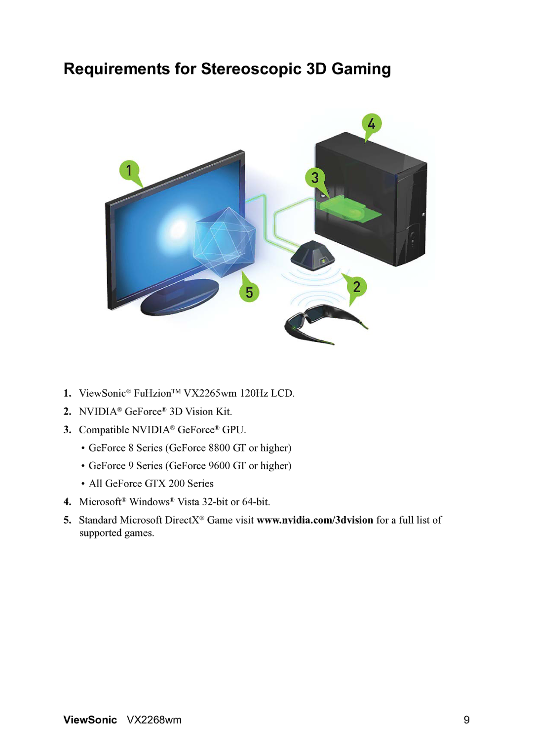 ViewSonic VS12538 warranty Requirements for Stereoscopic 3D Gaming 