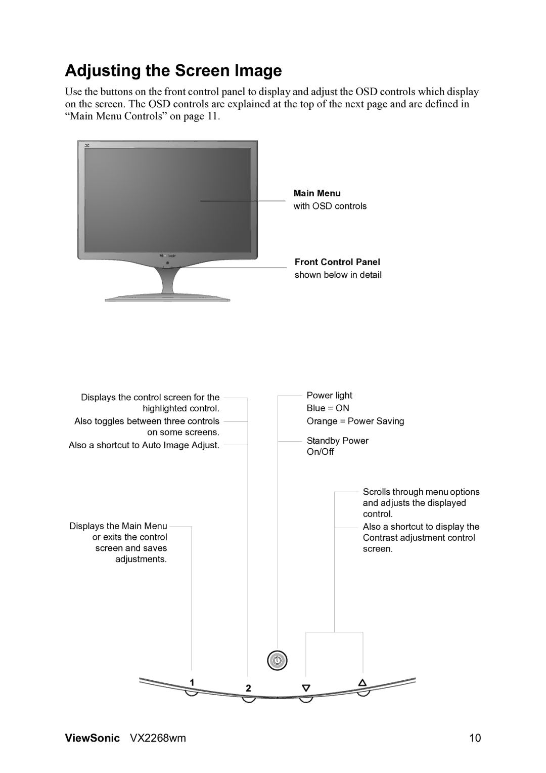 ViewSonic VS12538 warranty Adjusting the Screen Image, Front Control Panel 