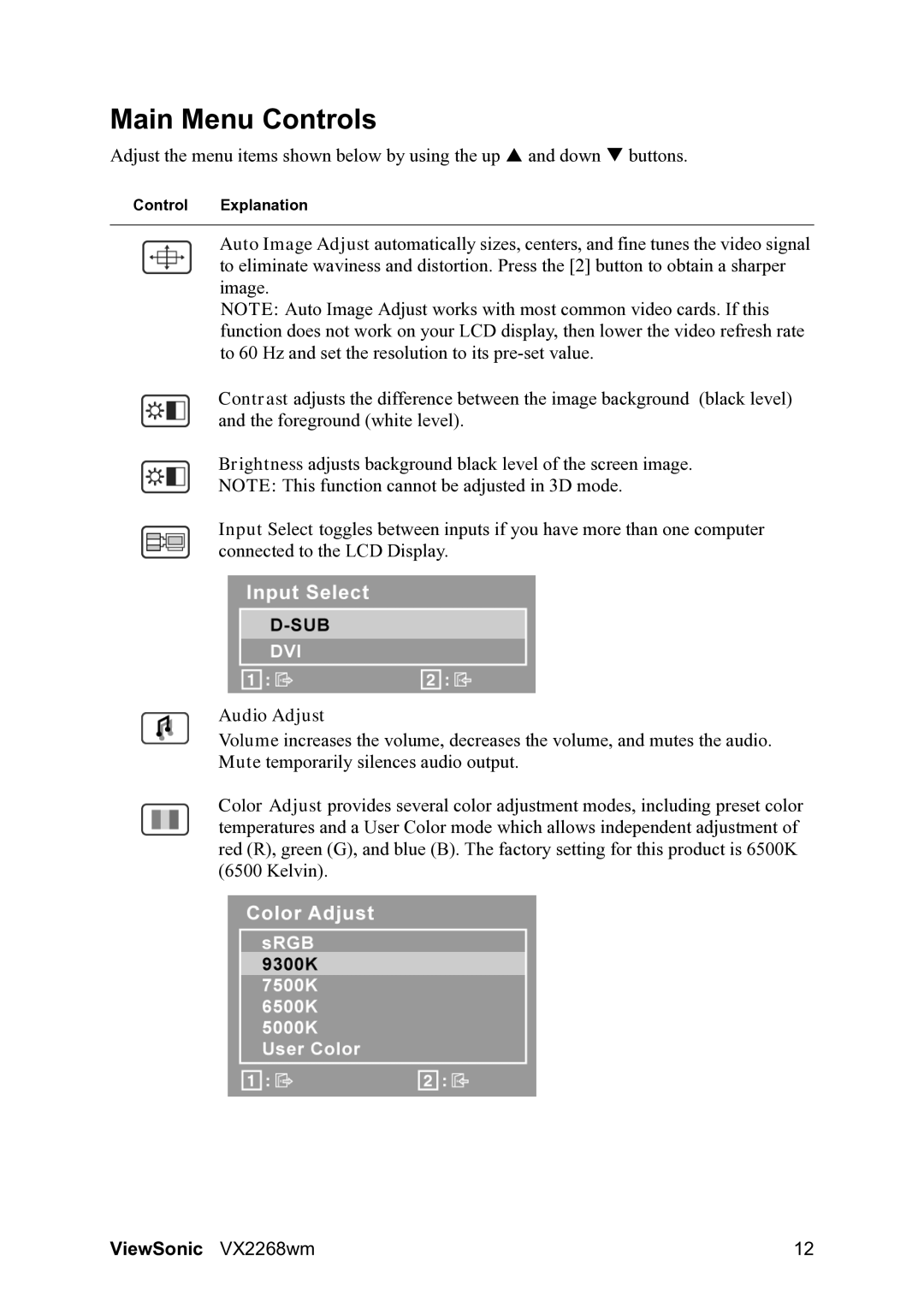 ViewSonic VS12538 warranty Main Menu Controls, Audio Adjust 