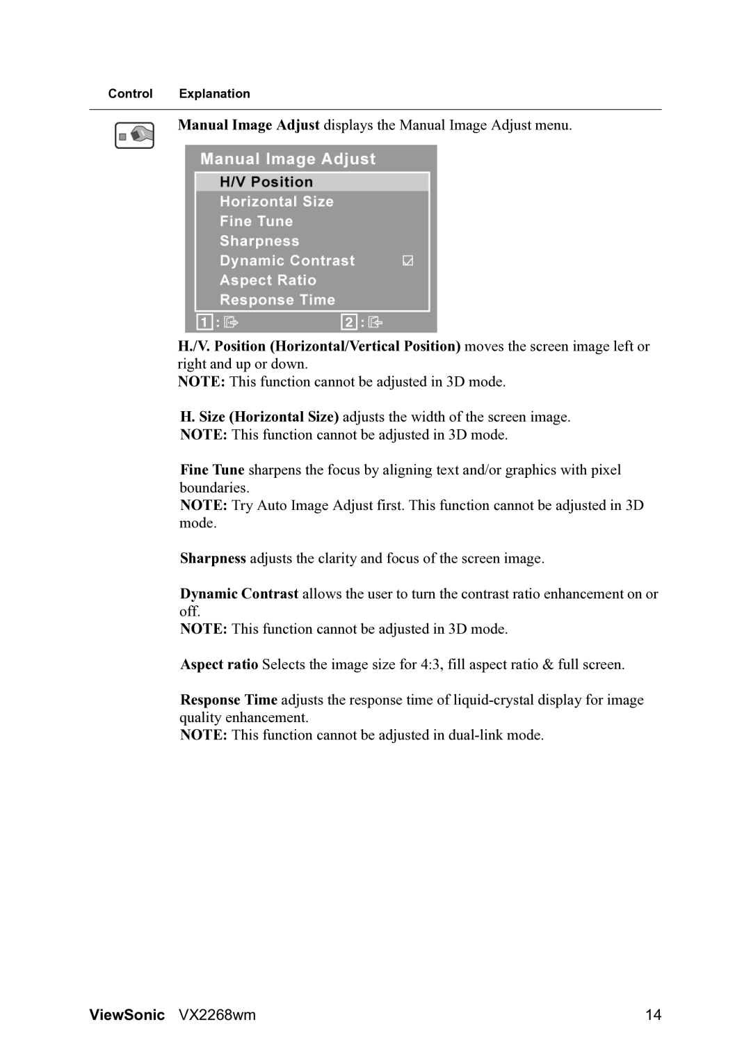 ViewSonic VS12538 warranty Manual Image Adjust displays the Manual Image Adjust menu 