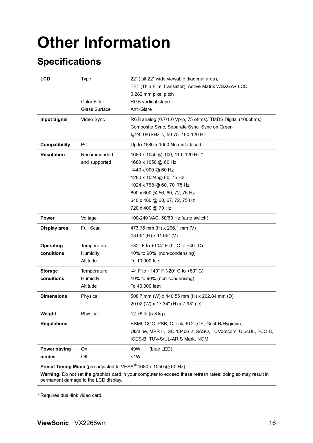 ViewSonic VS12538 warranty Other Information, Specifications 