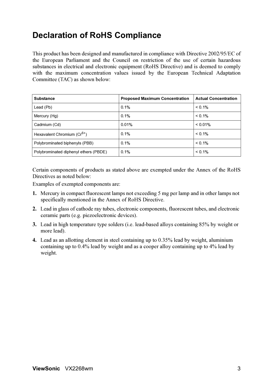 ViewSonic VS12538 warranty Declaration of RoHS Compliance 