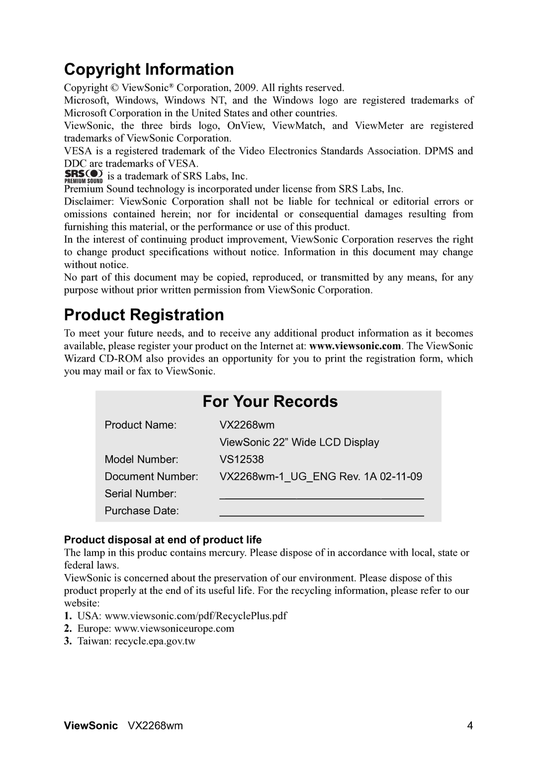 ViewSonic VS12538 Copyright Information, Product Registration For Your Records, Product disposal at end of product life 