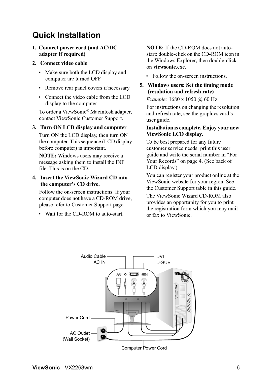 ViewSonic VS12538 warranty Quick Installation, Turn on LCD display and computer 