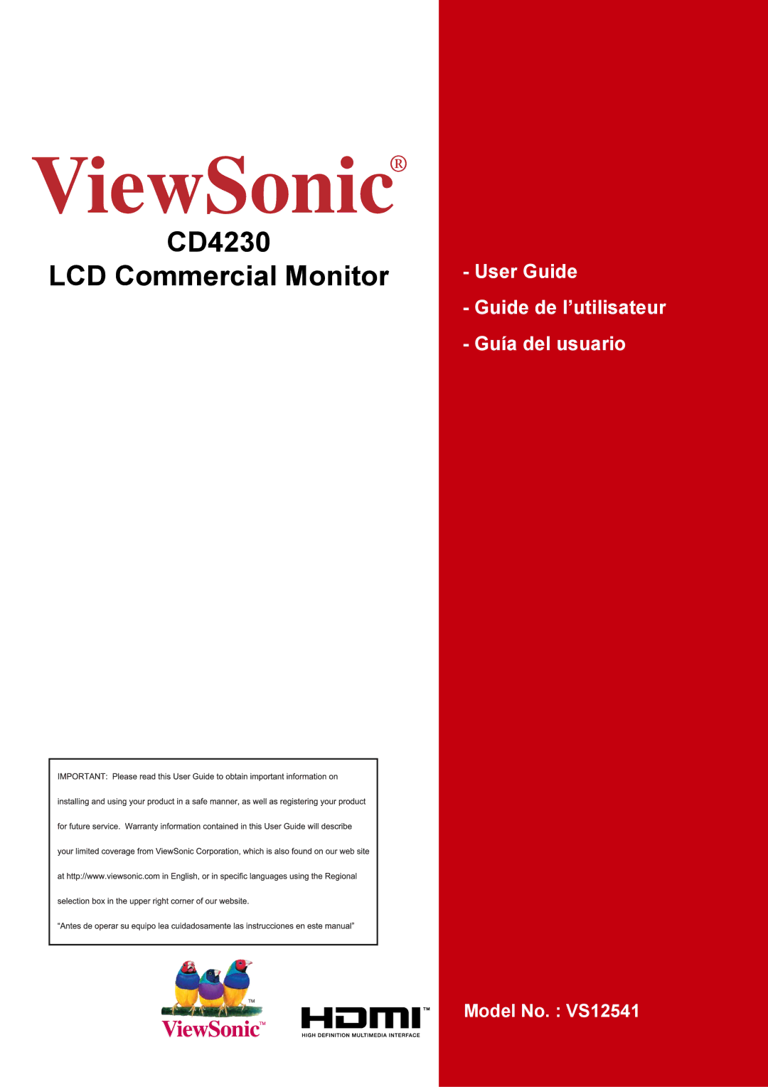 ViewSonic VS12541 manual CD4230 LCD Commercial Monitor 